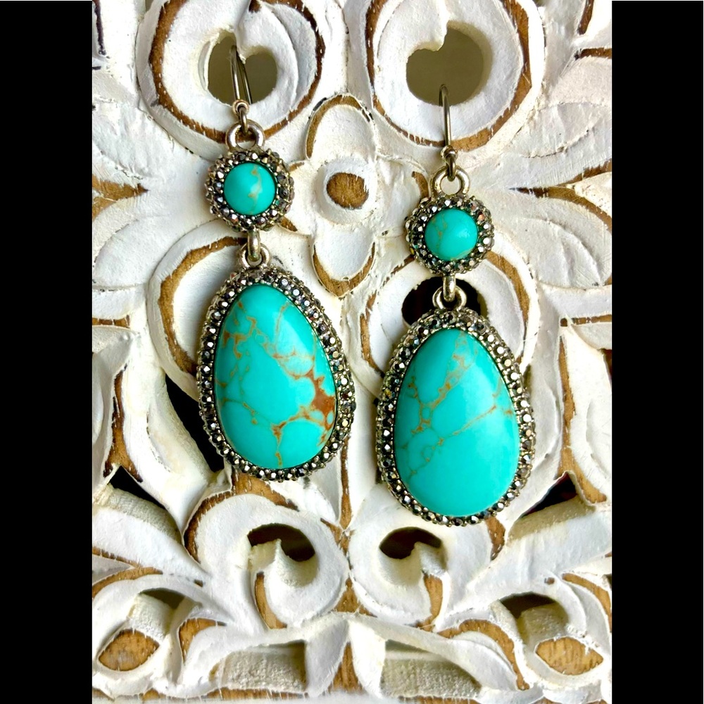 Gorgeous Turquoise w/ Pave rhinestone halo drop earrings